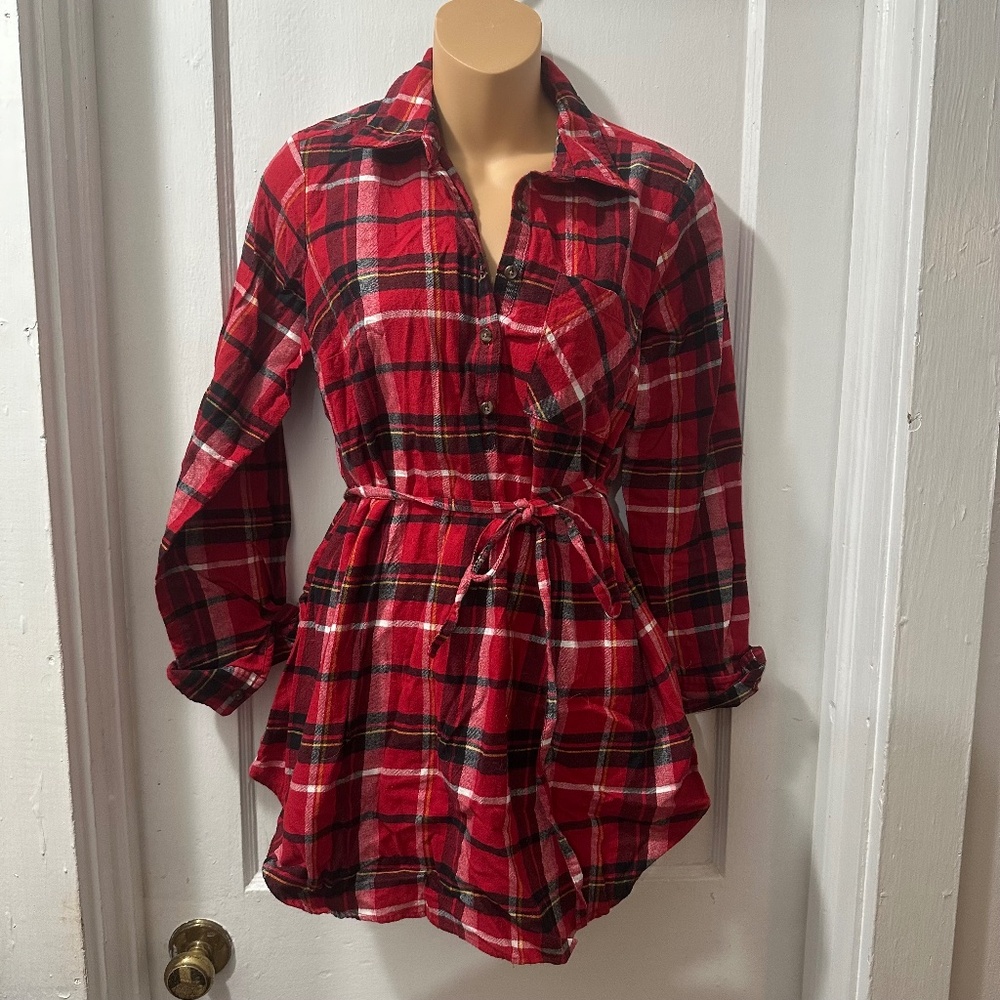 Isabel Maternity Red Plaid Tunic Top with Belt in S